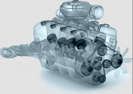 Program 3D CAD przedstawia model silnika wykonany w SharkCAD Pro