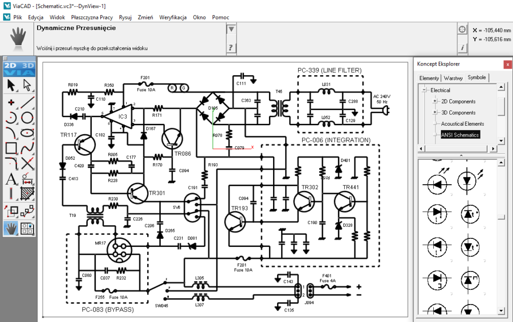 Projekt schematu elektrycznego wykonany w programie ViaCAD